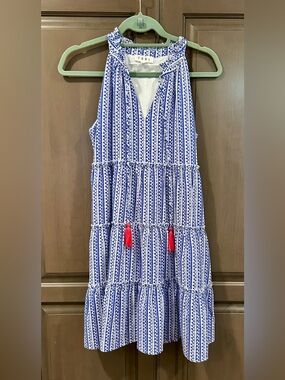 THML Halter Tassel Tie Pattern Dress in Blue and White, Size XS